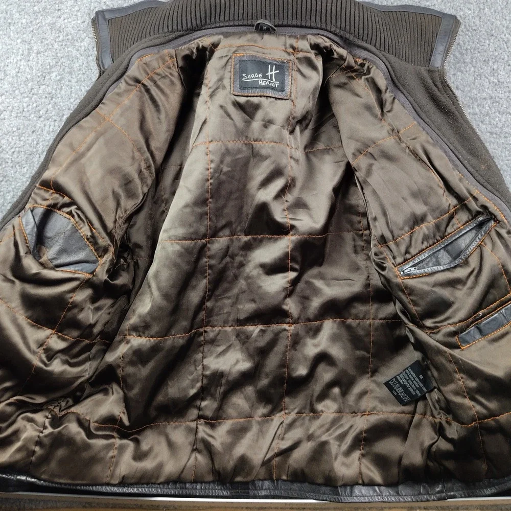 Serge Hervet Jacket Mens Medium Dark Brown Buffalo Leather Collar Moto Biker EUC